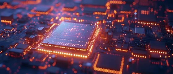 Fototapete - Detailed 3D rendering of a computer motherboard, glowing with digital pathways and circuits, symbolizing digital communication and the future of technology innovation