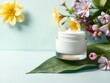 © Chalermrach - Turquoise cosmetic mockup banner with cream jar, serum bottle, flowers, leaf, skin care, beauty, product presentation, ads, background, generative AI, cream jar, leaf