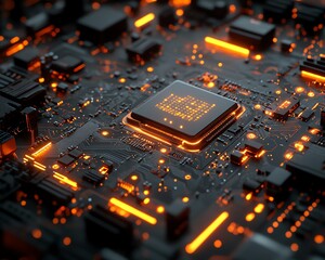 Poster - Futuristic 3D motherboard with glowing digital circuits, intricate design representing modern technology, digital communication, and advanced computing systems