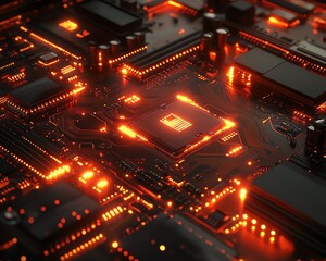 Fototapete - Futuristic 3D motherboard with glowing digital circuits, intricate design representing modern technology, digital communication, and advanced computing systems