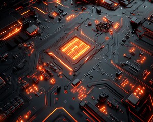 Poster - Futuristic 3D motherboard with glowing digital circuits, intricate design representing modern technology, digital communication, and advanced computing systems
