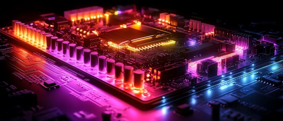 Poster - Futuristic 3D rendering of a computer motherboard with glowing pathways, intricate circuits, and digital nodes symbolizing the evolution of modern technology and communication