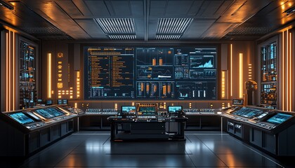 Leinwandbilder - Hightech control panel featuring performance analytics and realtime data charts, set in a futuristic industrial environment for optimizing decisionmaking and performance