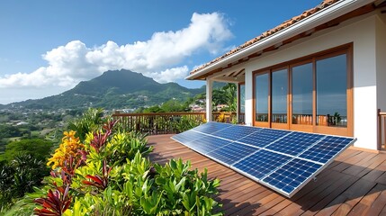 Wall Mural - Sustainable solar powered home nestled in a lush tropical mountain landscape featuring a modern architectural design rooftop solar panels and a spacious outdoor living area with a deck patio