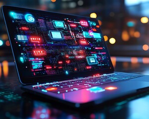 Aufkleber - Laptop with floating digital icons and apps, colorful symbols representing the world of online connectivity, communication, and modern technology in a sleek and futuristic design
