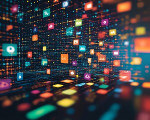 Aufkleber - Numerous colorful digital icons and apps hovering around a laptop, representing the dynamic digital landscape of online connectivity, technology, and innovation