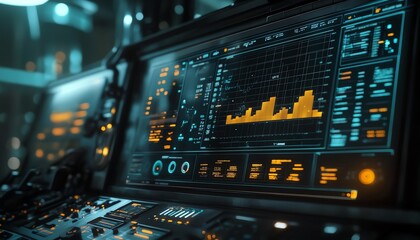 Leinwandbilder - Realtime analytics and performance charts displayed on a hightech control interface, part of a futuristic industrial setting, emphasizing datadriven decisionmaking