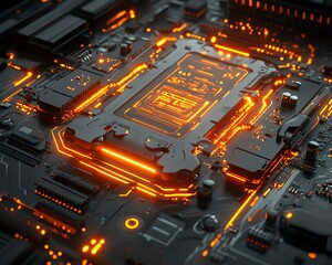 Aufkleber - 3D illustration of a computer motherboard, futuristic design with glowing circuits and connectors, symbolizing digital communication and advanced technology systems