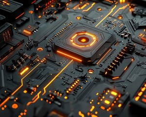 Aufkleber - 3D illustration of a computer motherboard, futuristic design with glowing circuits and connectors, symbolizing digital communication and advanced technology systems