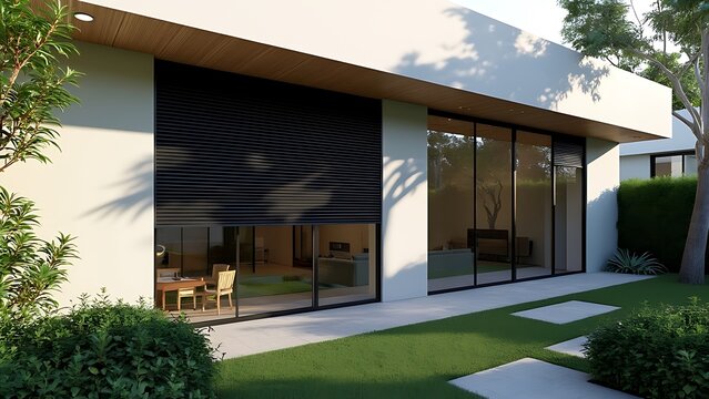 Outside roller blinds for contemporary windows. Outside shutters on the home's windows.