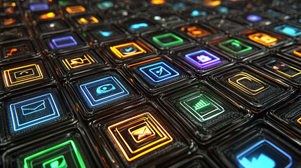 A grid of glowing neon icons on a dark metallic surface.