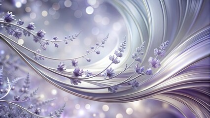 Wall Mural - Delicate silver floral branches entwined with flowing iridescent ribbons, showcasing a romantic and ethereal design.