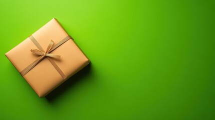 Wall Mural - Brown gift box with brown ribbon on green background, perfect for birthdays, celebrations and special occasions