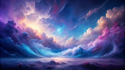 Wall Mural - A breathtaking digital artwork of a celestial landscape with vibrant hues of purple, blue, and pink clouds, creating a captivating dreamscape with scattered stars and a faint glow on the horizon