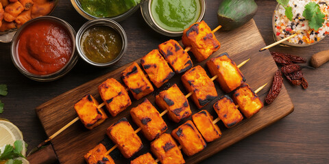 Wall Mural - Indian Paneer Tikka with Chutneys and Spices