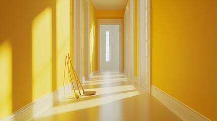 Aufkleber - Bright and Cheerful Corridor in a Modern Home with Yellow Walls and Sunlight Streaming Through Windows, Contemporary Interior Design Inspiration