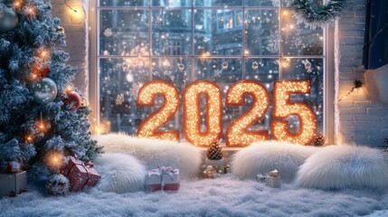 Poster - A snowy winter scene with a Christmas tree decorated with ornaments and lights, and a large 2025 sign made of lights. The scene is lit by fairy lights.