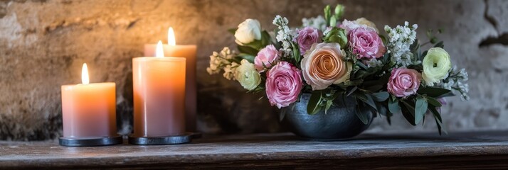 Poster - A serene arrangement of candles and a floral bouquet on a rustic wooden surface.