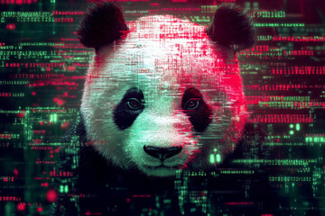 Wall Mural - a panda bear against a backdrop of code and binary data back ground cybersecurity and digital data p