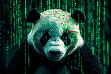 Wall Mural - a panda bear against a backdrop of code and binary data back ground cybersecurity and digital data p