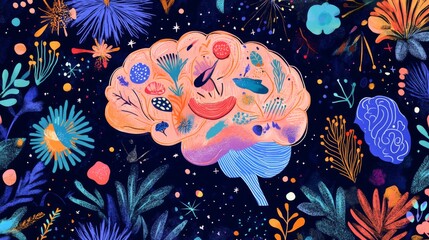 Aufkleber - Colorful and Whimsical Illustration of a Brain Surrounded by Vibrant Flora and Abstract Elements, Symbolizing Creativity and Imagination in a Dreamlike Universe