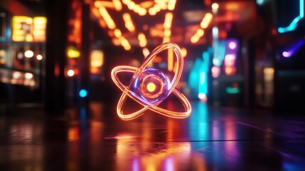Wall Mural - Neon Atom Symbol Glowing In Dark Cityscape
