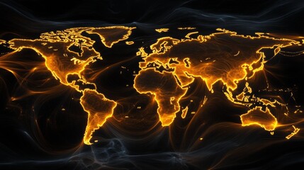Aufkleber - Illuminated World Map with Fiery Orange Lines on a Dark Background, Symbolizing Global Connectivity and Modern Technology in a Stunning Digital Design