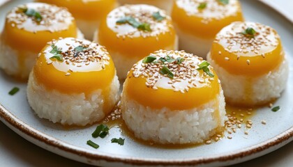 Wall Mural - Savory Rice Cakes with Egg Yolk and Sesame Seeds.