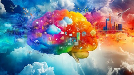 Aufkleber - Vibrant Conceptual Artwork of a Brain Surrounded by Clouds, Symbols, and Colorful Elements Representing Intelligence, Creativity, and Innovation in a Dreamy Landscape
