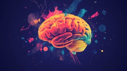 Aufkleber - Colorful Artistic Depiction of a Human Brain Surrounded by Abstract Shapes and Vibrant Colors Representing Creativity, Knowledge, and Imagination in a Conceptual Design