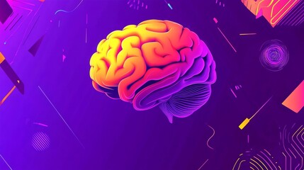 Aufkleber - Vibrant and Abstract Brain Illustration with Neon Yellow and Purple Colors Set Against a Dynamic Geometric Background to Represent Creativity and Innovation