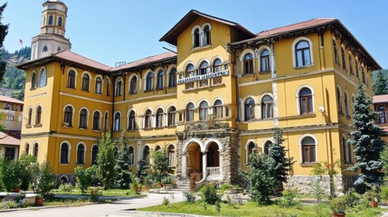 Wall Mural - A historic yellow building with a stone entrance and landscaped gardens.