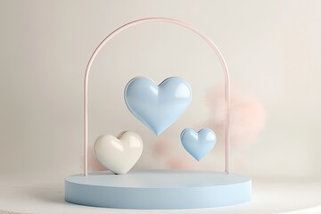 Wall Mural - Happy St Valentines day podium display with flying blue pastel pink heart shape, 3D rendering illustration. Romantic love design template with generative ai