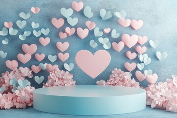 Wall Mural - Happy St Valentines day podium display with flying blue pastel pink heart shape, 3D rendering illustration. Romantic love design template with generative ai