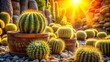 © Pluto - A Collection of Cacti Bask in the Golden Hour, Their Spiky Forms Bathed in Warm Light