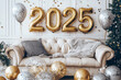 © Sitthikorn - Elegant party room decorated for a New Year's celebration with gold and silver balloons spelling 2025.