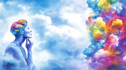 Poster - A contemplative figure with a colorful brain amidst clouds, symbolizing creativity and thought.