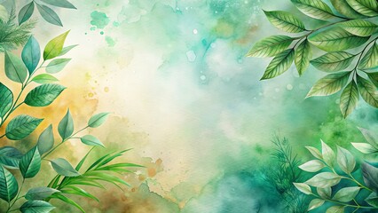 Wall Mural - Watercolor Green Foliage Frame with Splashes of Color on a Soft Background