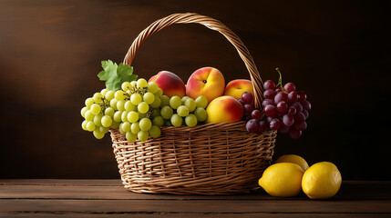 Aufkleber - basket of freshly picked fruits including peaches, grapes, and lemons, showcasing vibrant colors and natural textures, perfect for healthy lifestyle