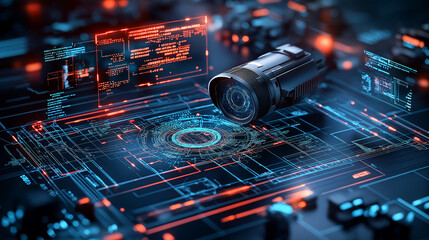 Poster - digital landscape showcasing high tech camera above futuristic interface, featuring glowing data and circuit patterns. scene evokes sense of innovation and technology