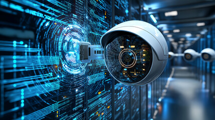Aufkleber - digital landscape featuring futuristic security camera monitoring data flow, showcasing advanced technology and cyber security elements