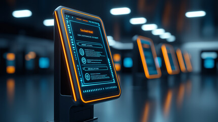 Aufkleber - futuristic payment terminal with secure transaction interface, glowing with vibrant orange accents, set in modern environment. design emphasizes technology and security