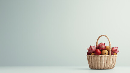 Aufkleber - fruit basket brimming with exotic fruits like dragon fruit, apples, and pears, set against soft pastel background, evokes sense of freshness and abundance