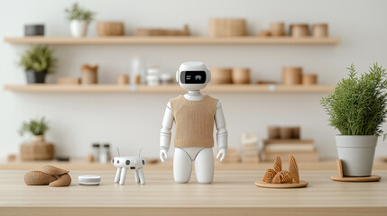 Aufkleber - humanoid robot stands in modern retail store, assisting customers with friendly demeanor. environment features wooden shelves filled with various items, creating warm atmosphere