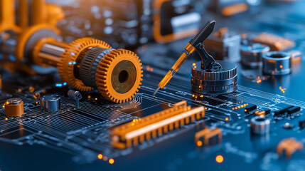Leinwandbilder - close up view of mechanical gears and tools on circuit board, showcasing intricate details and vibrant colors, ideal for technology and engineering themes