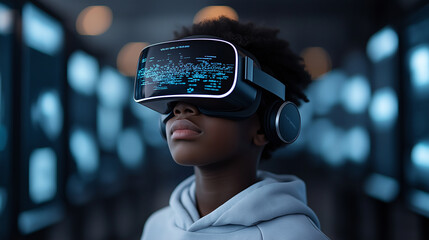 Poster - Child wearing virtual reality headset in tech filled classroom, immersed in augmented reality experiences, showcasing modern educational technology and innovation