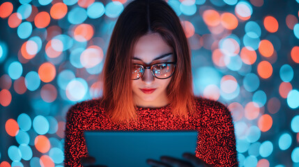 Poster - student with glasses focused on tablet, surrounded by colorful bokeh lights, creating vibrant atmosphere. scene conveys concentration and creativity