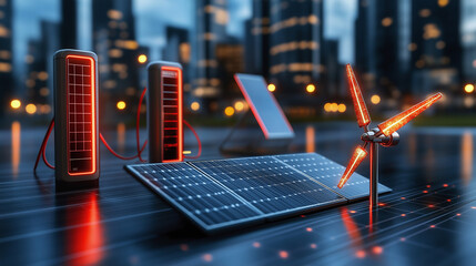 Leinwandbilder - Innovative electric vehicle charging stations with solar panels and wind turbines showcase sustainable energy solutions in urban setting