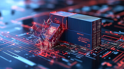 Poster - Digital representation of shipping containers with futuristic design, showcasing breakdown in exports. image highlights impact of technology on logistics and trade