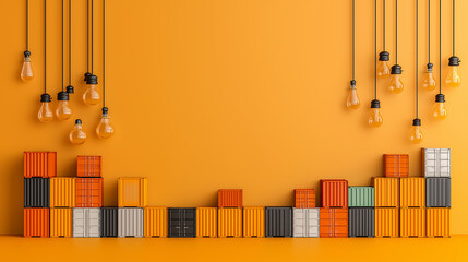 Leinwandbilder - Bright orange background with stacked shipping containers and hanging light bulbs creates vibrant industrial scene. arrangement showcases modern aesthetic